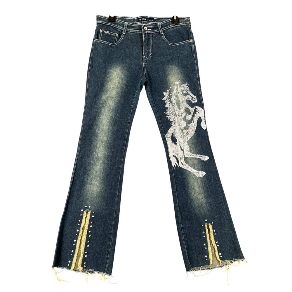 VTG 90s Revolt Horse Flare Jeans Womens 5 Dark Wash Rhinestone Studded Raw Hem